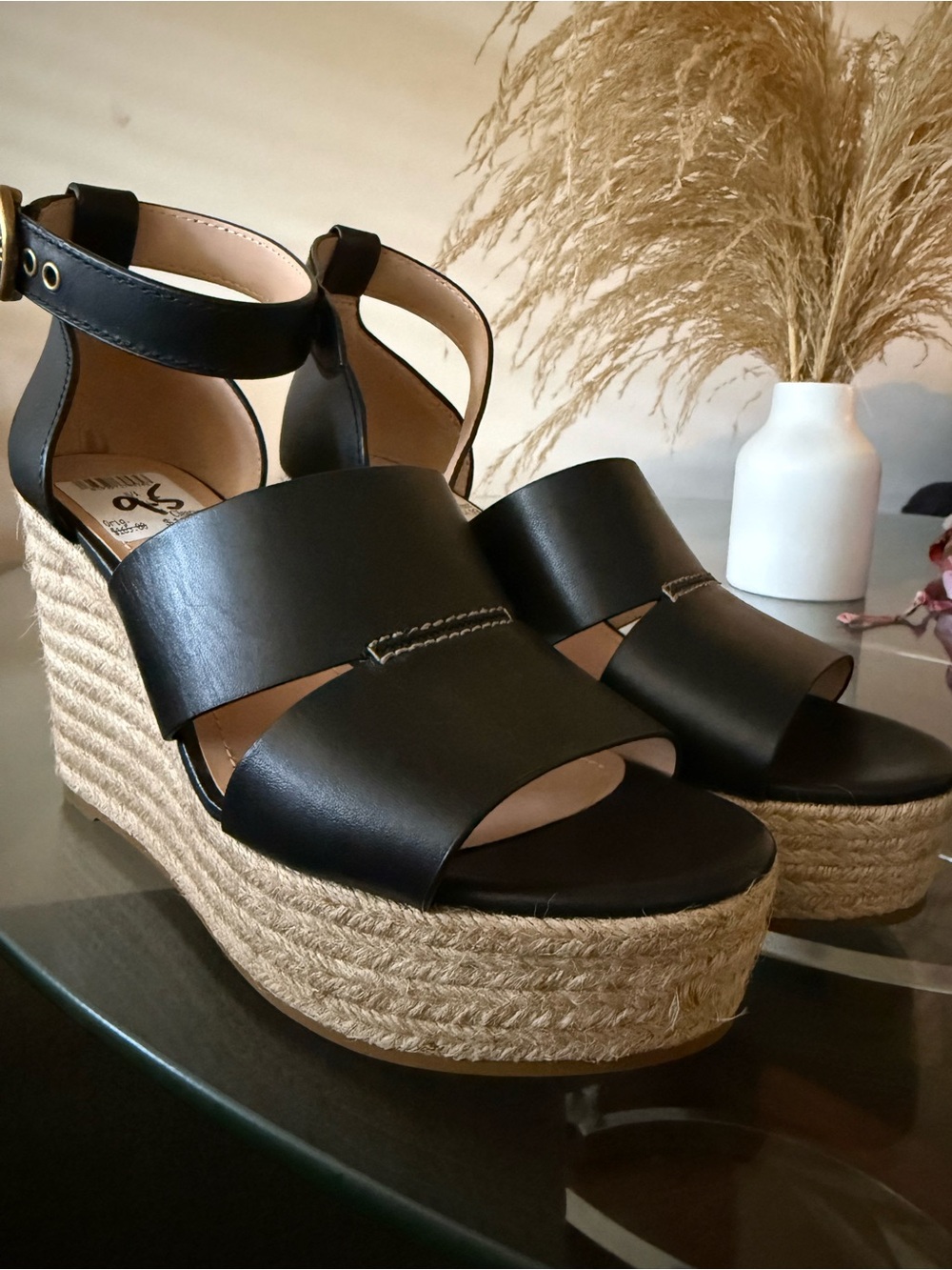 Coach Black Leather Espadrille Wedge Sandals with Ankle Strap